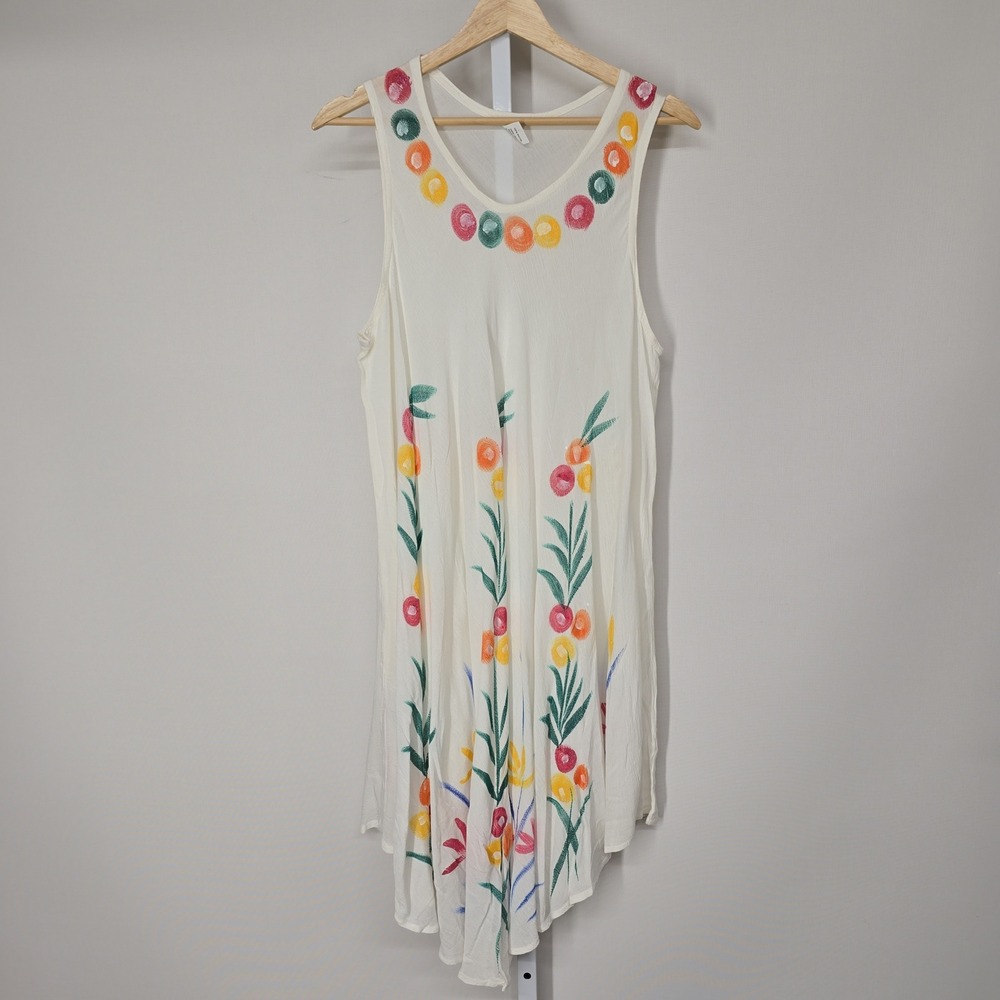 Creations White Floral Hand Painted Sleeveless‎ Tank Dress Free Size Tropical